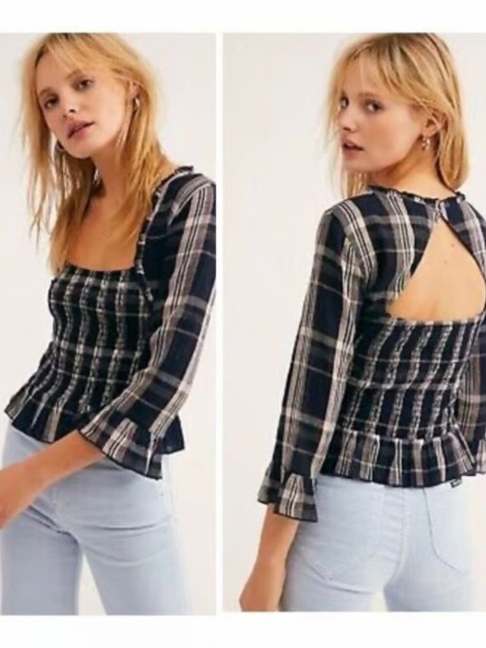 C108 Free People "Shirred With Elastic" Plaid Crop Top